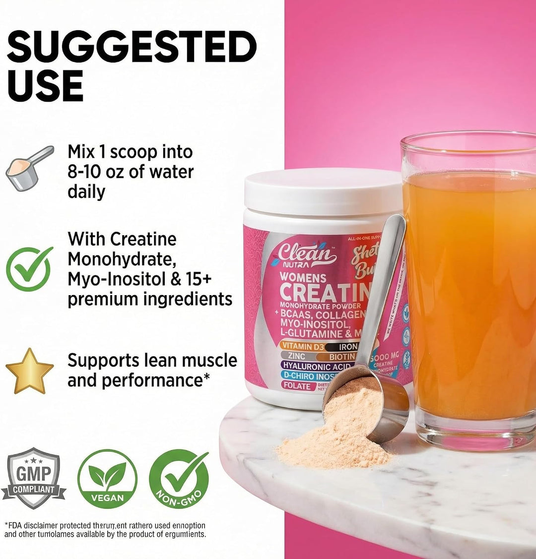 Clean Nutra Creatine for Women – Creatine Monohydrate + BCAA, Collagen, Biotin, Myo-Inositol Blend, Tropical Orange