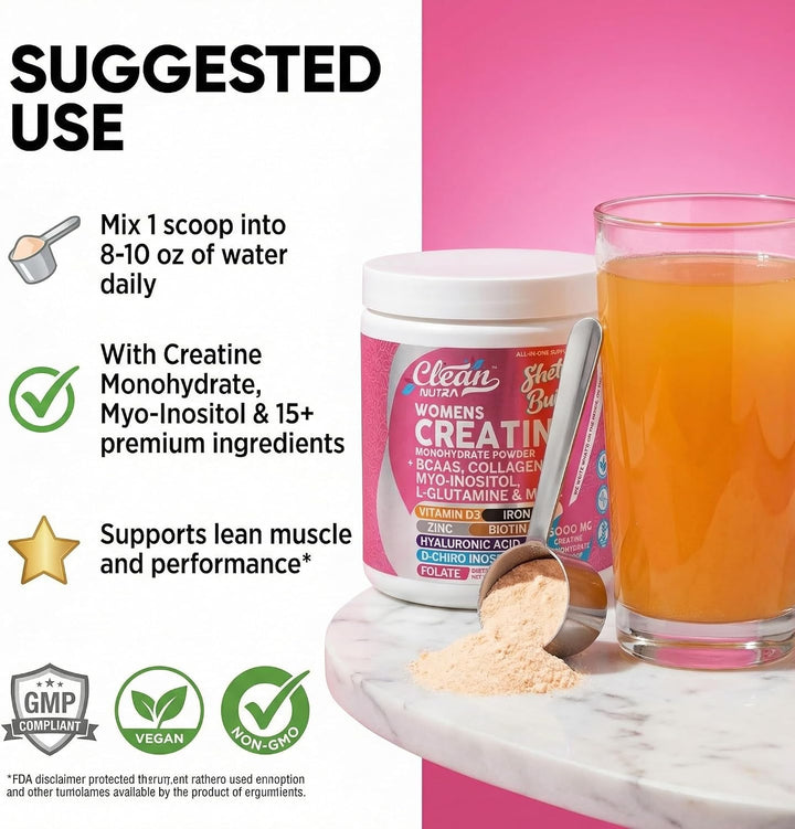 Clean Nutra Creatine for Women – Creatine Monohydrate + BCAA, Collagen, Biotin, Myo-Inositol Blend, Tropical Orange