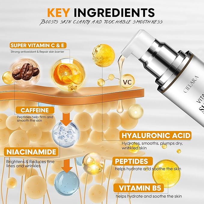 Cielara Brightening & Anti-Aging Vitamin C Serum 50ml – With Hyaluronic Acid, Collagen & Peptides – Helps Improve Skin Tone & Reduce Dark Spots