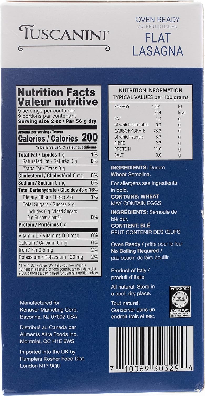 Tuscanini Oven-Ready Flat Lasagna, 17.6 oz (3 Pack) – Authentic Italian Pasta, Premium Durum Wheat, No Artificial Ingredients