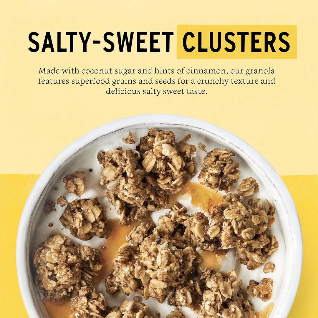 Granola clusters in a bowl with a yellow background and text about the product.