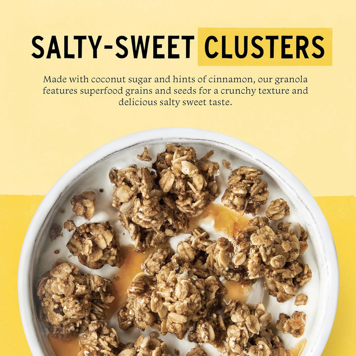 Granola clusters in a bowl with a yellow background and text about the product.
