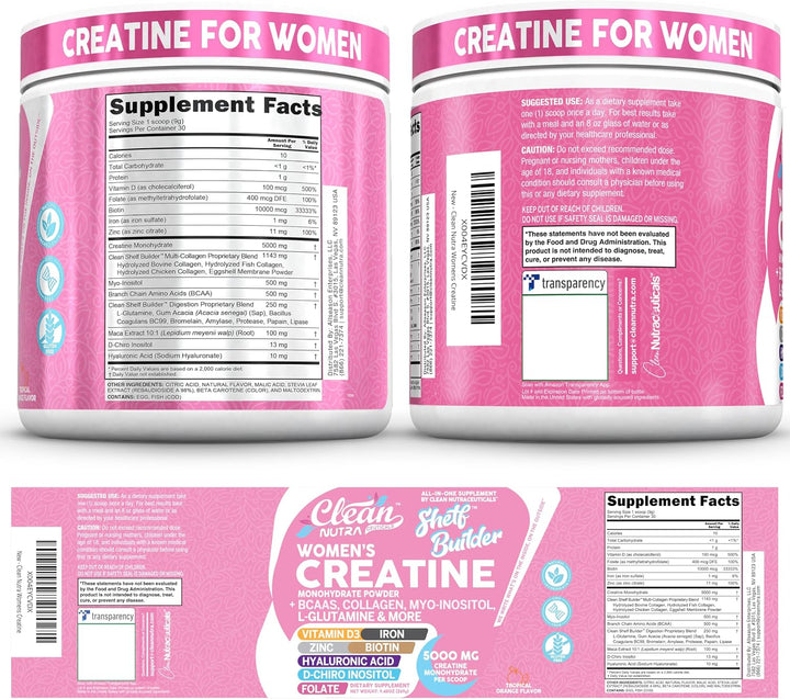 Clean Nutra Creatine for Women – Creatine Monohydrate + BCAA, Collagen, Biotin, Myo-Inositol Blend, Tropical Orange