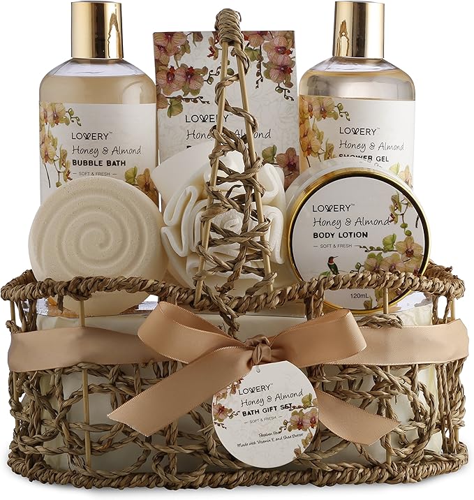 Lovery Luxury Home Spa Gift Basket for Women – Honey & Almond Scent, Bath & Body Set with Shower Gel, Bubble Bath, Lotion, Bath Salts, Bath Bomb & Bath Puff, Paraben-Free, Cruelty-Free