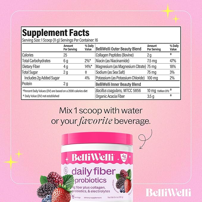 Belli Welli Daily Fiber Supplement – Organic Acacia Fiber with Collagen, Electrolytes & Probiotics – 30 Servings