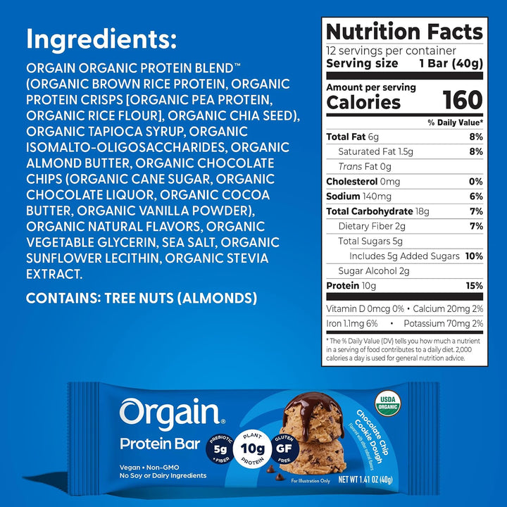 Back label of an Orgain Organic Protein Blend protein bar, showing ingredients list, nutrition facts panel, and package information on a blue background.