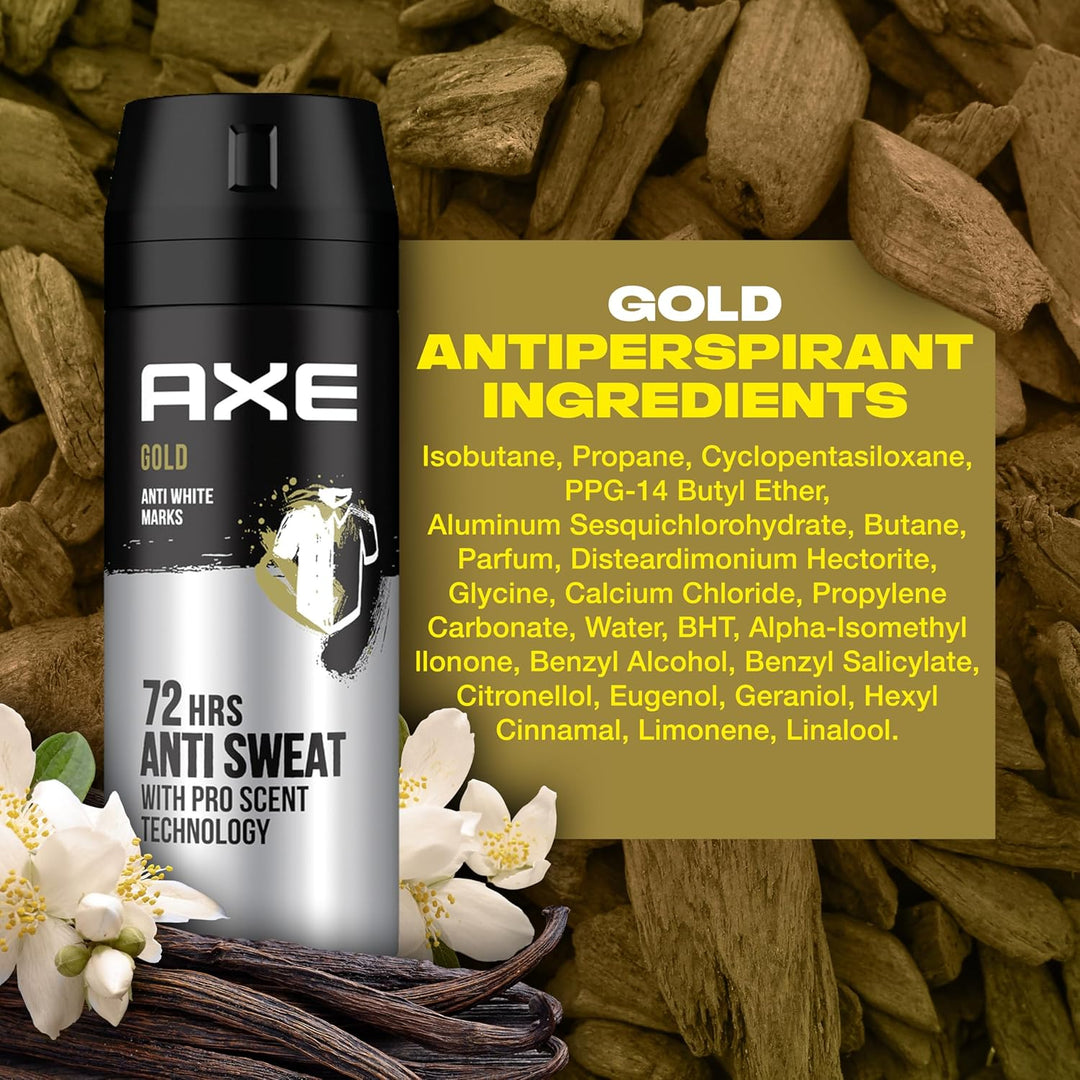 Axe Men Antiperspirant Deodorant Spray, Gold, 150 ml – 72H Odour & Sweat Protection, Anti-Marks