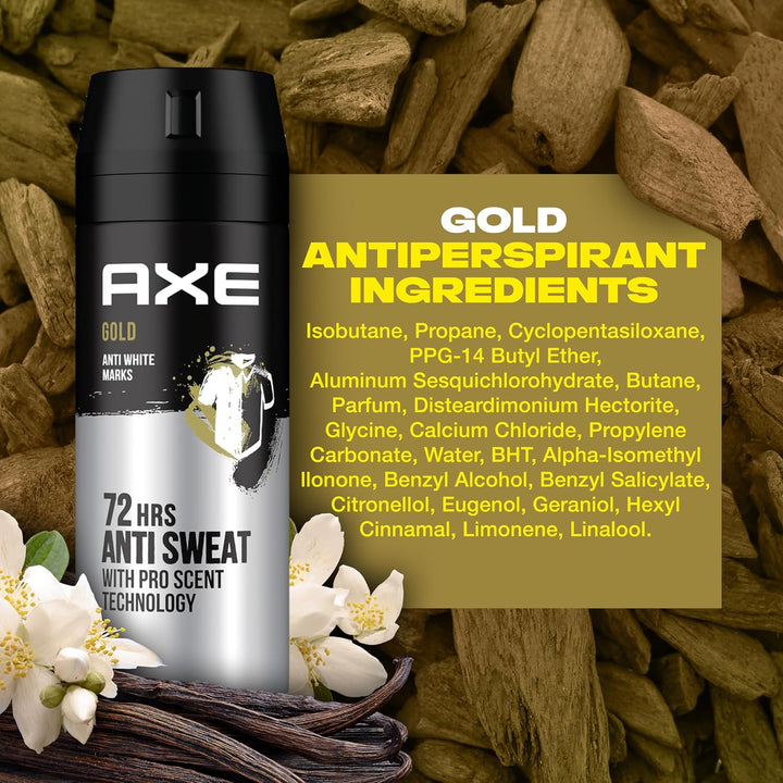 Axe Men Antiperspirant Deodorant Spray, Gold, 150 ml – 72H Odour & Sweat Protection, Anti-Marks