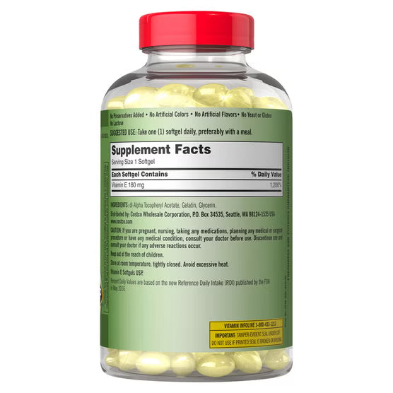 Kirkland Signature Vitamin E 180mg (400 IU), Antioxidant Support, 500 Softgels