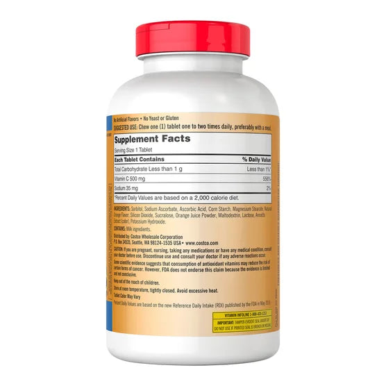 Kirkland Signature Chewable Vitamin C 500mg Immune Support (500 Tablets Bottle)