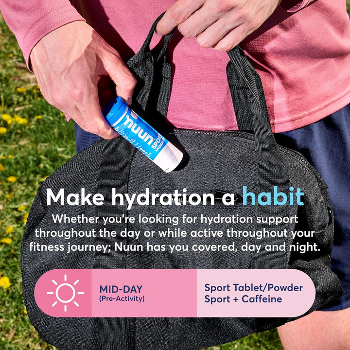 Person holding a Nuun sports tablet next to a black bag with promotional text about hydration.