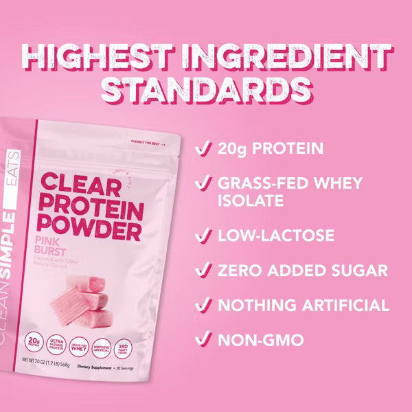 Clean Simple Eats Clear Protein Powder Pink Burst – Strawberry Flavor Whey Isolate, 20oz (20 Servings)