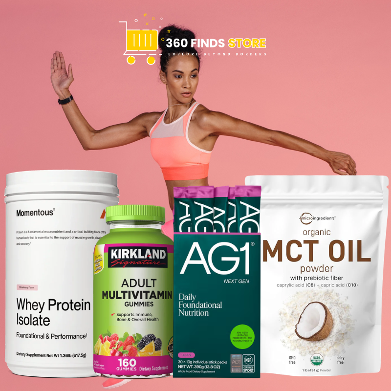 Supplement products including whey protein, vitamins, and MCT oil with a woman in athletic wear on a pink background.
