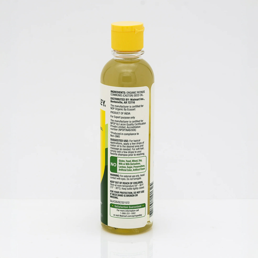 Spring Valley Organic Cold-Pressed Castor Oil 8 fl oz – Unrefined & Hexane-Free for Hair & Skin
